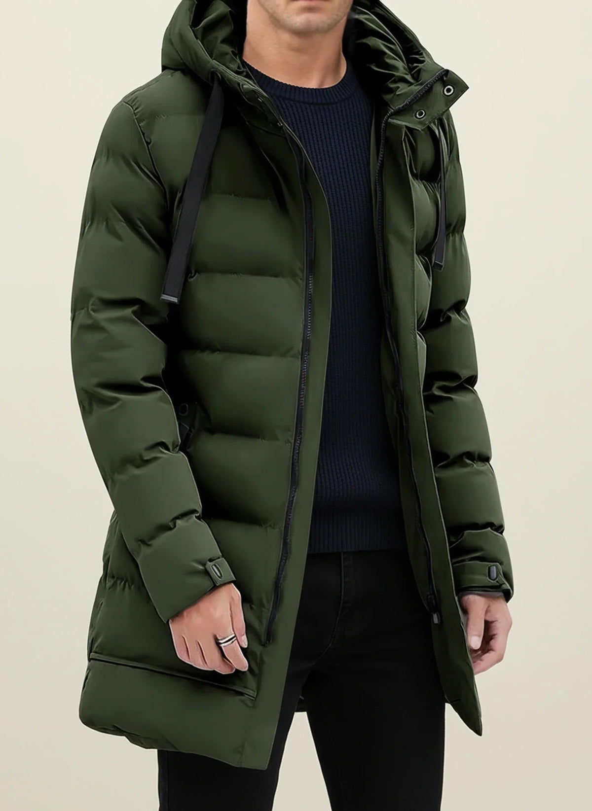 Abrigo acolchado largo de invierno con capucha para hombre