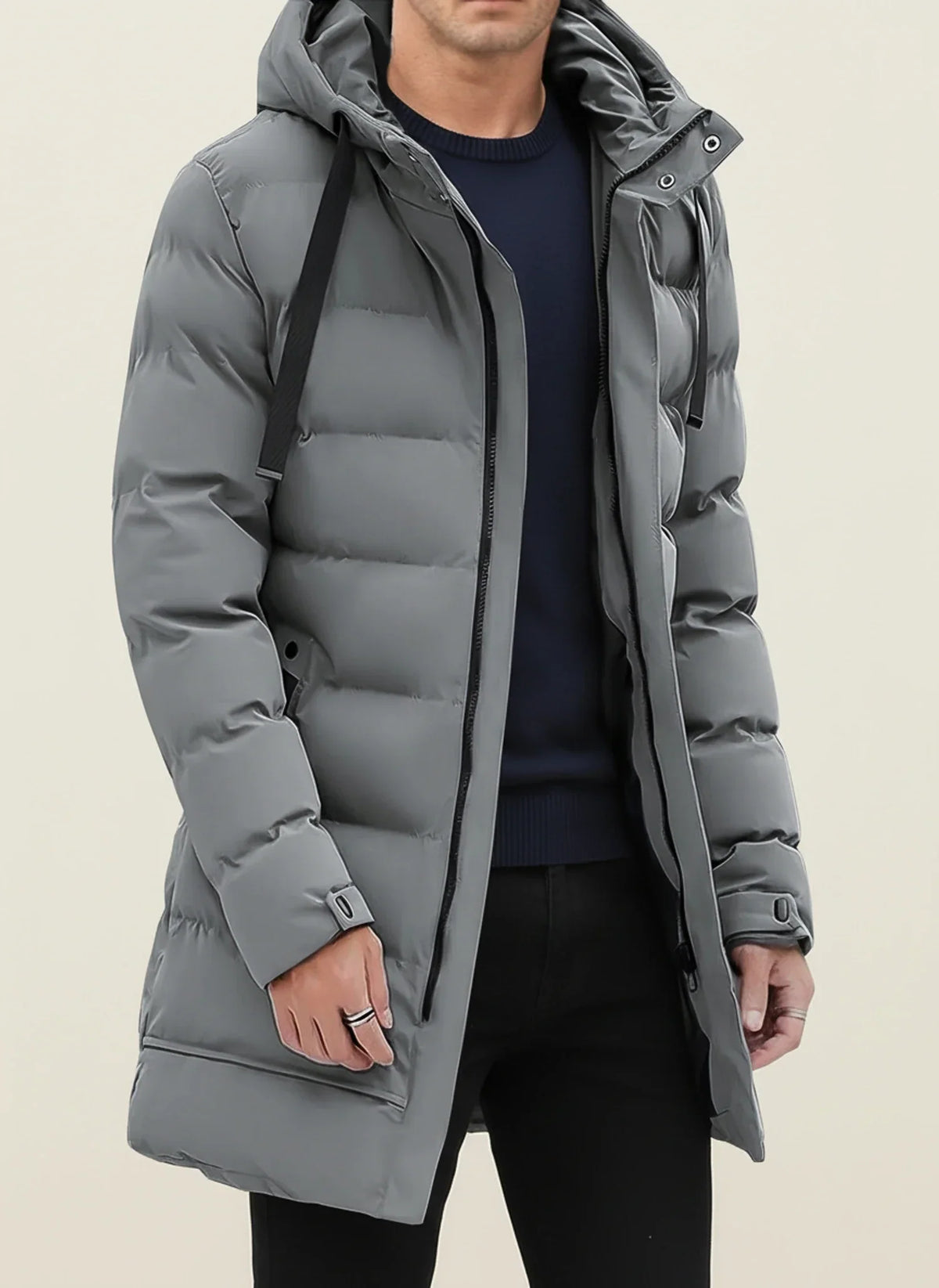 Abrigo acolchado largo de invierno con capucha para hombre