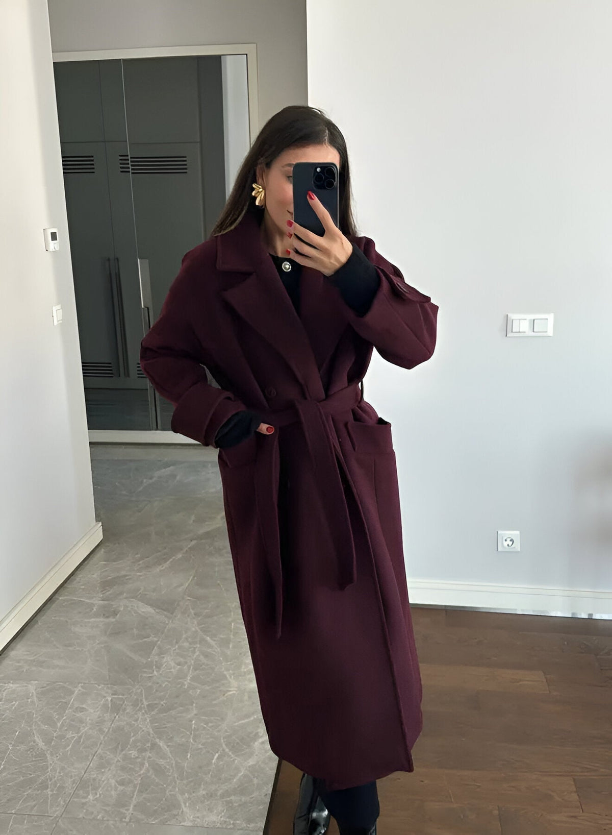 Abrigo largo de invierno para mujer con cinturón