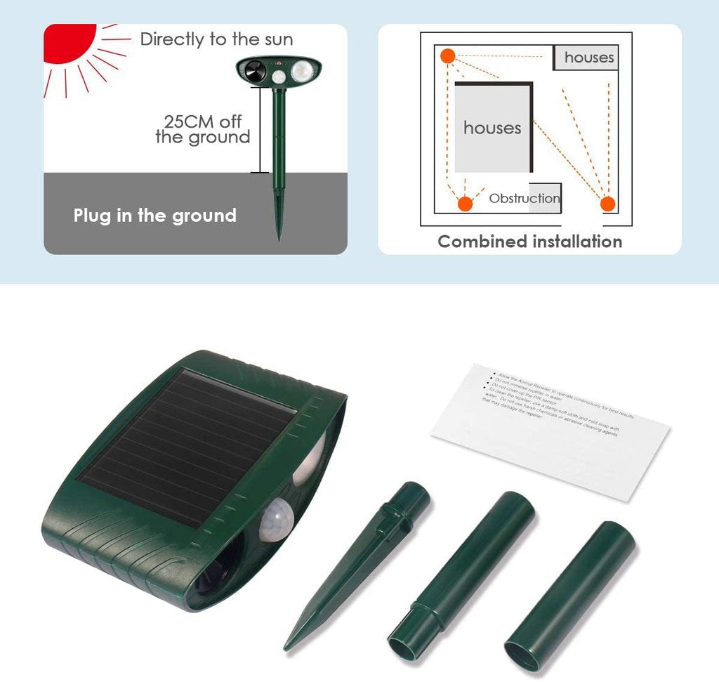 Ahuyentador de gatos ultrasónico solar para exterior y jardín