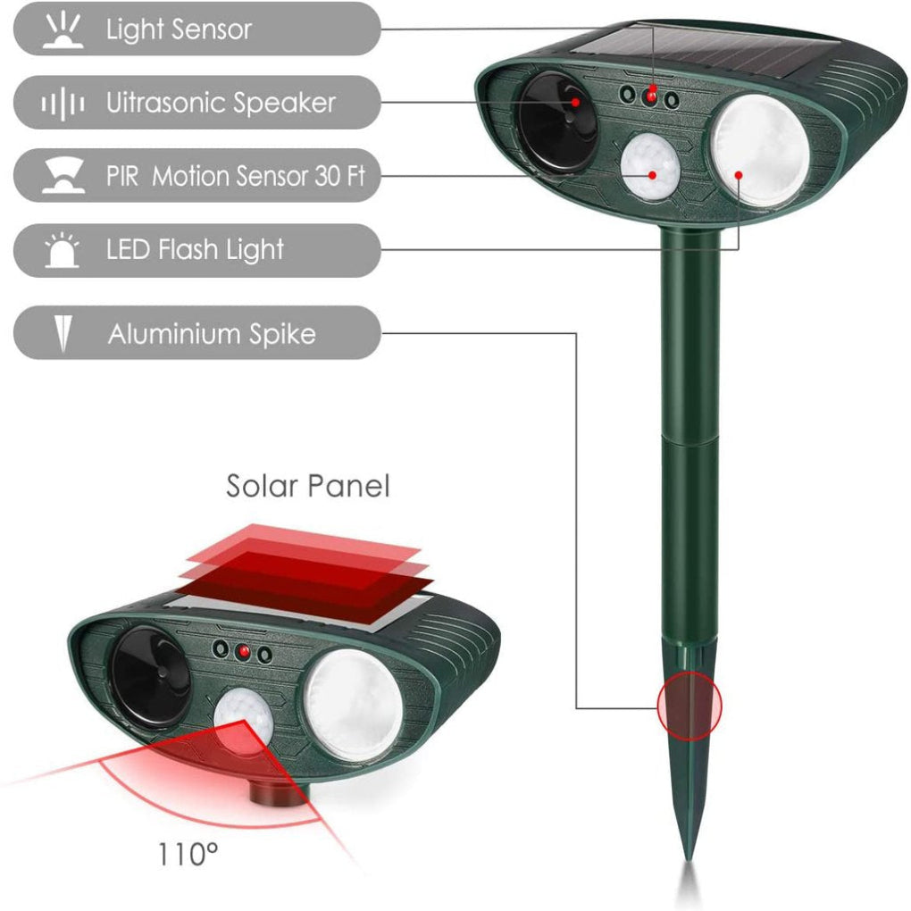 Ahuyentador ultrasónico de conejos solar con luz flash LED