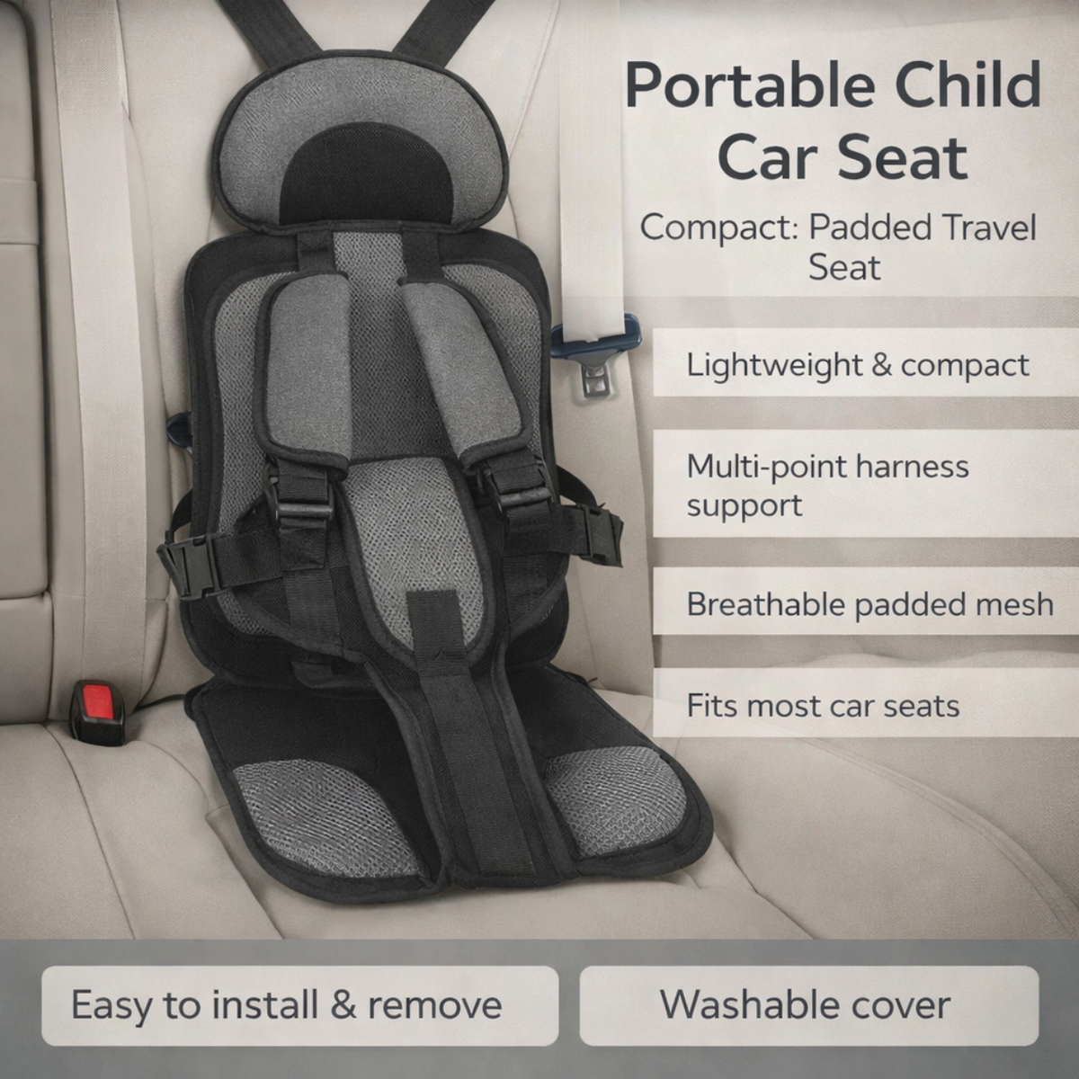 Asiento de Coche Portátil de Viaje con Arnés de Seguridad Reforzado de 5 Puntos
