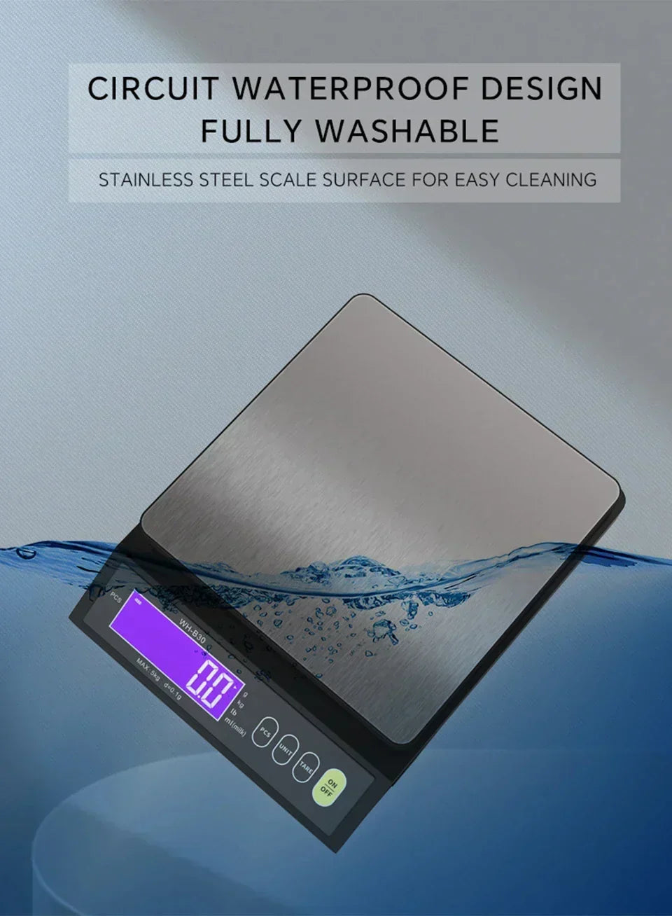 Báscula Digital Electrónica de Cocina 5 kg/0,1 g y 10 kg/1 g, con Pantalla LCD, Herramienta de Pesaje Totalmente Impermeable de Acero Inoxidable para Repostería