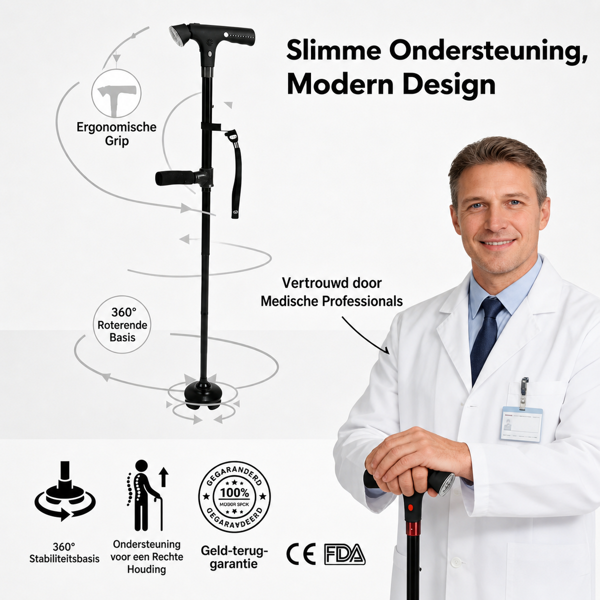Bastón de senderismo inteligente para personas mayores con alarma de emergencia y luz LED