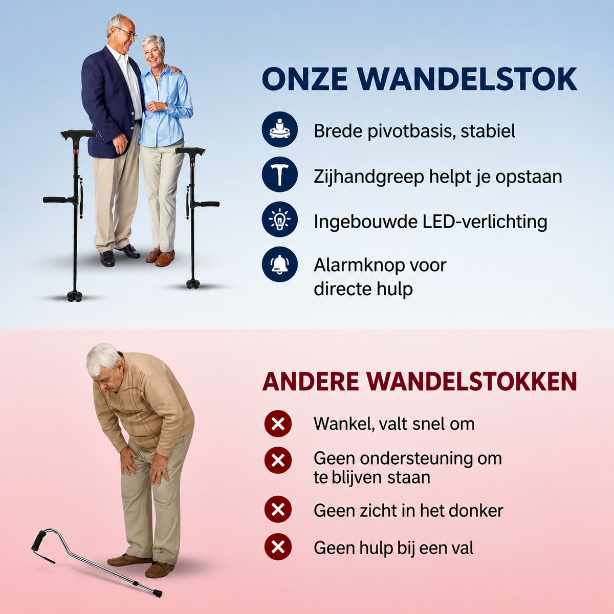 Bastón de senderismo inteligente para personas mayores con alarma de emergencia y luz LED