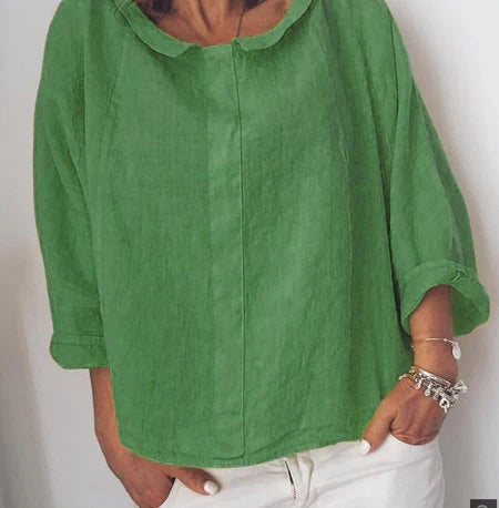 Blusa casual de lino para mujer con manga 3/4 - Blanco