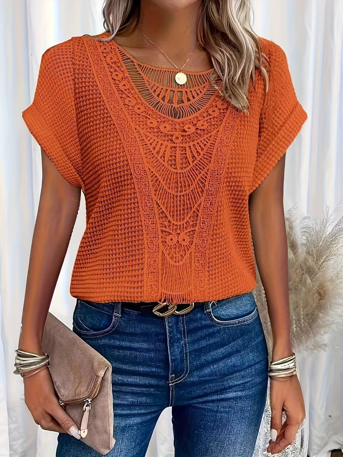 Blusa casual de manga corta con encaje para mujer