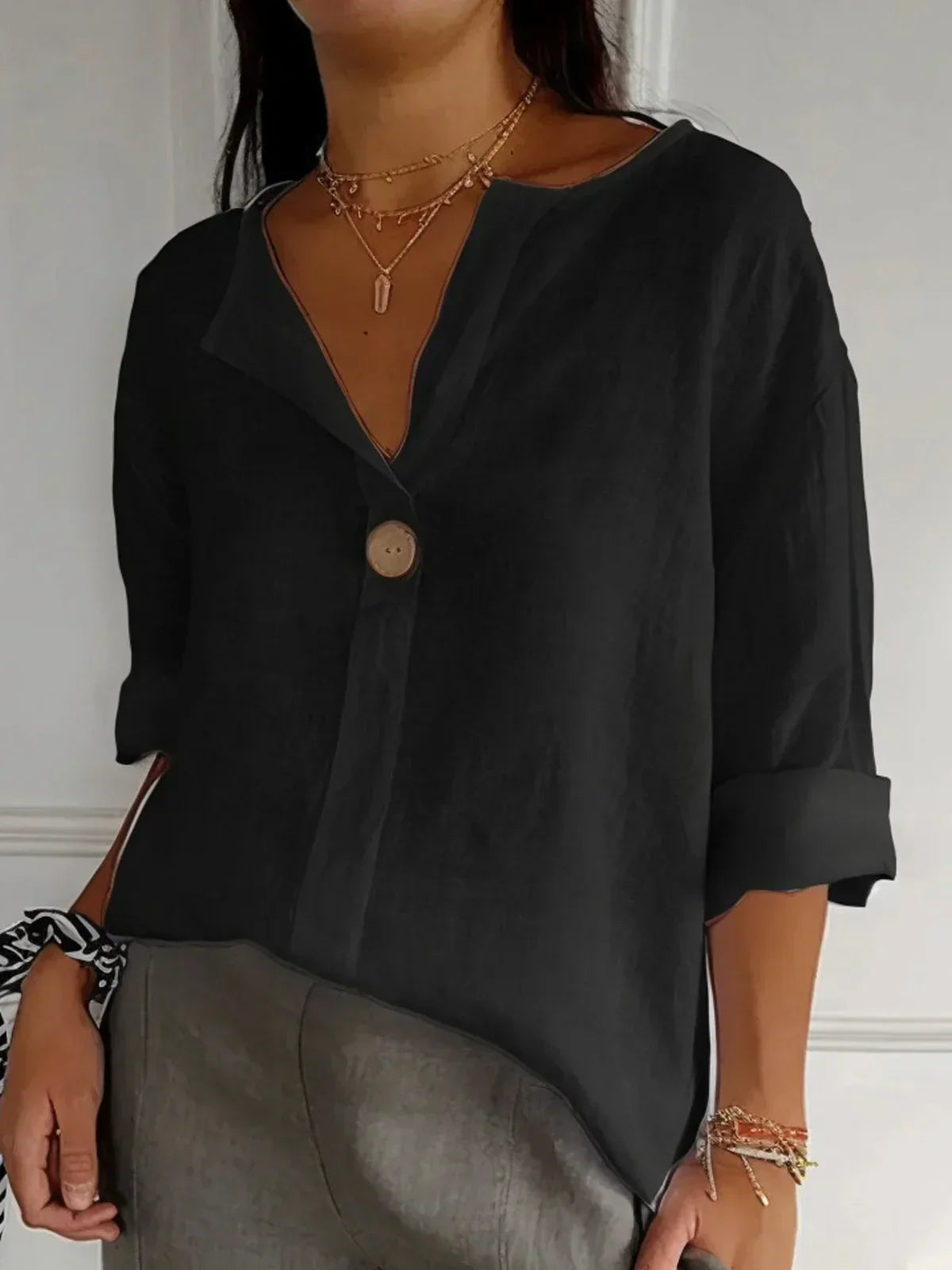 Blusa casual para mujer con cuello en V y manga 3/4
