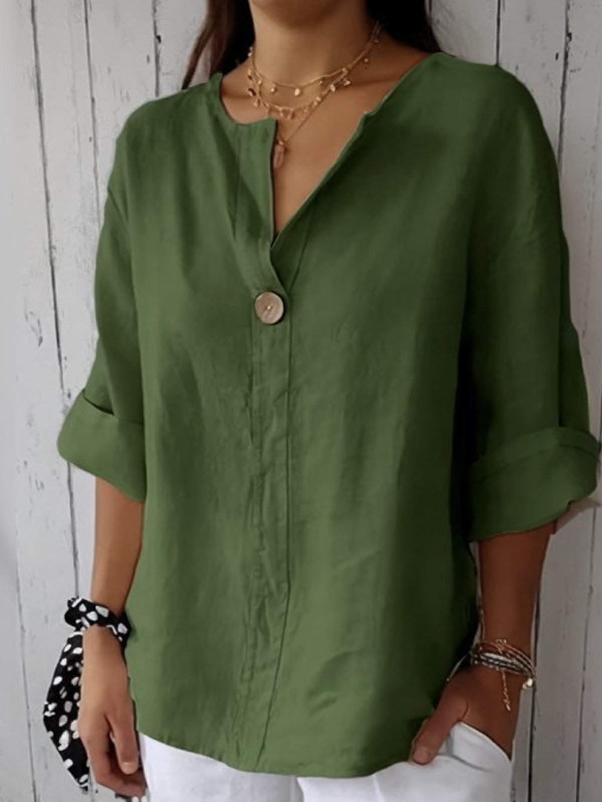 Blusa casual para mujer con cuello en V y manga 3/4