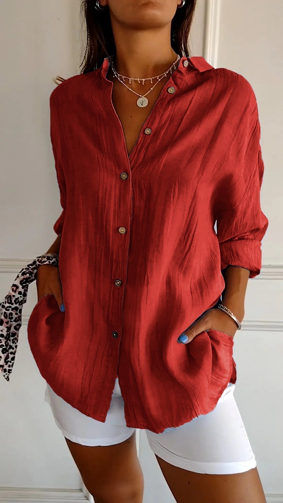 Blusa de verano para mujer de manga larga – Mezcla ligera de lino y seda con drapeado y elegancia costera escandinava