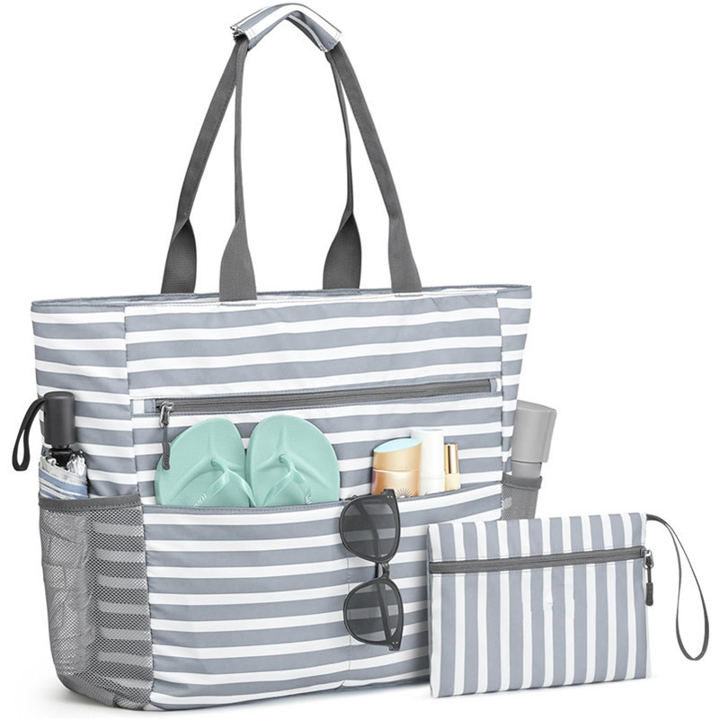 Bolsa de playa grande e impermeable con cremallera: bolso espacioso y plegable para escapadas de verano con 13 compartimentos