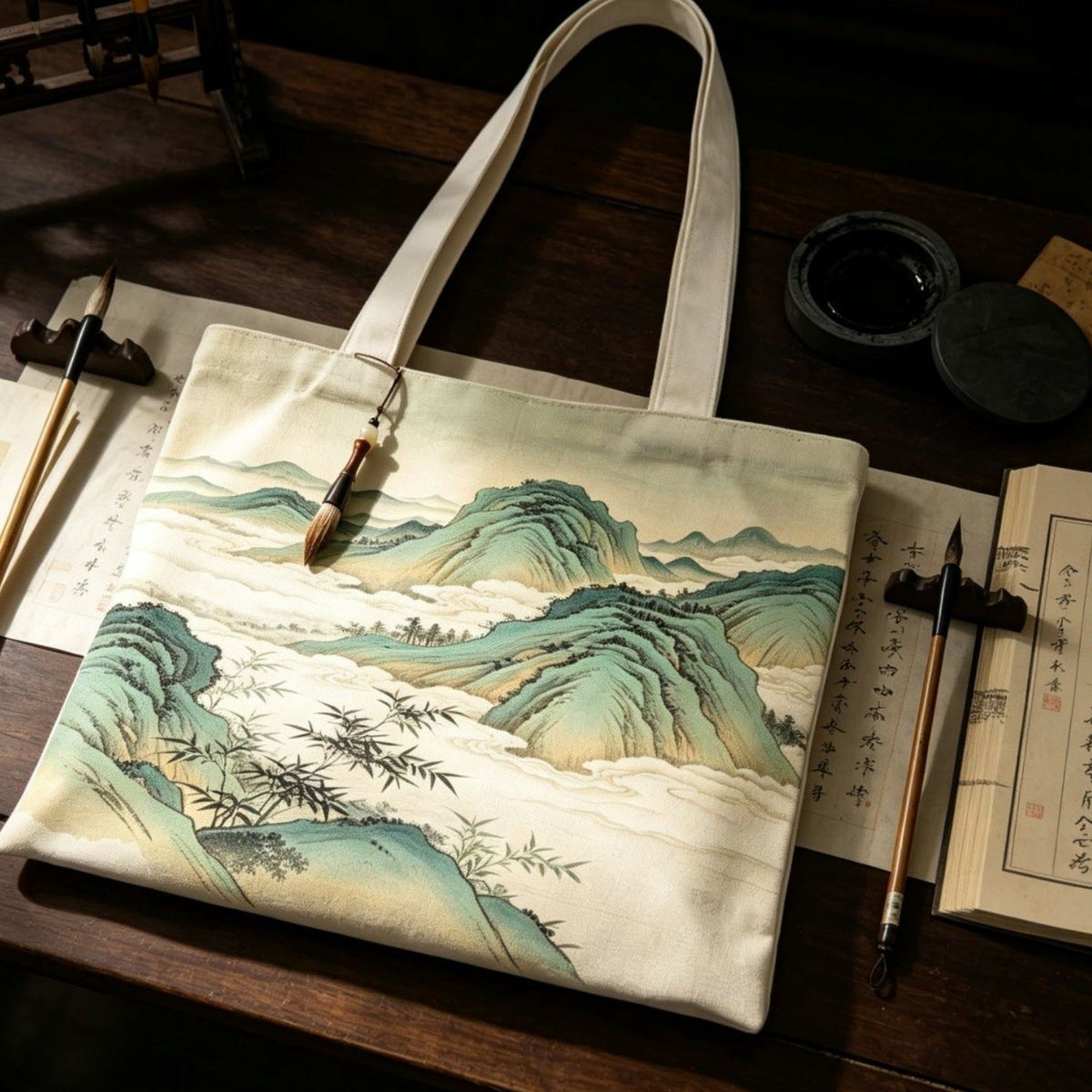 Bolso tote de lona con estampado de paisaje artístico