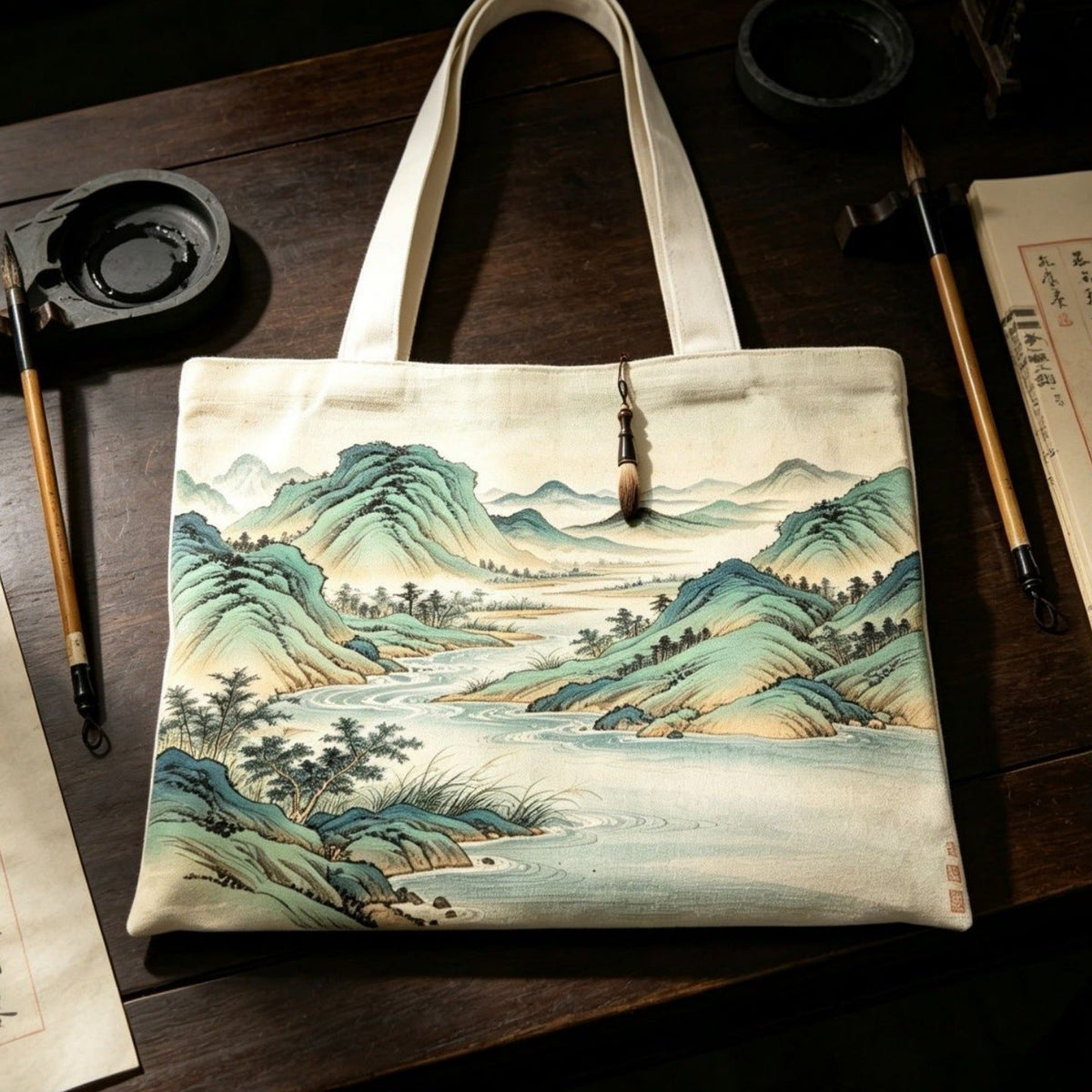 Bolso tote de lona con estampado de paisaje artístico