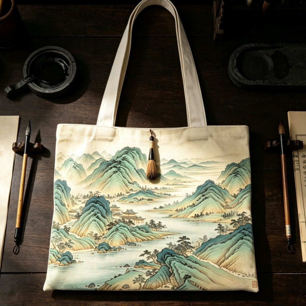 Bolso tote de lona con estampado de paisaje artístico