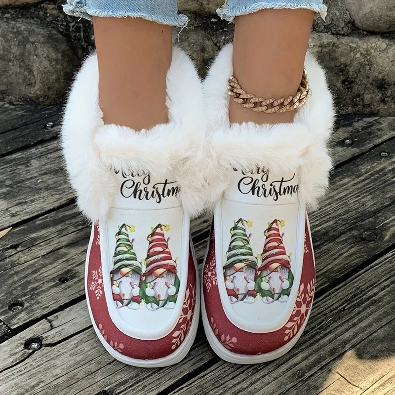 Botas de nieve para mujer con estampado de gnomo navideño y forro de pelo suave