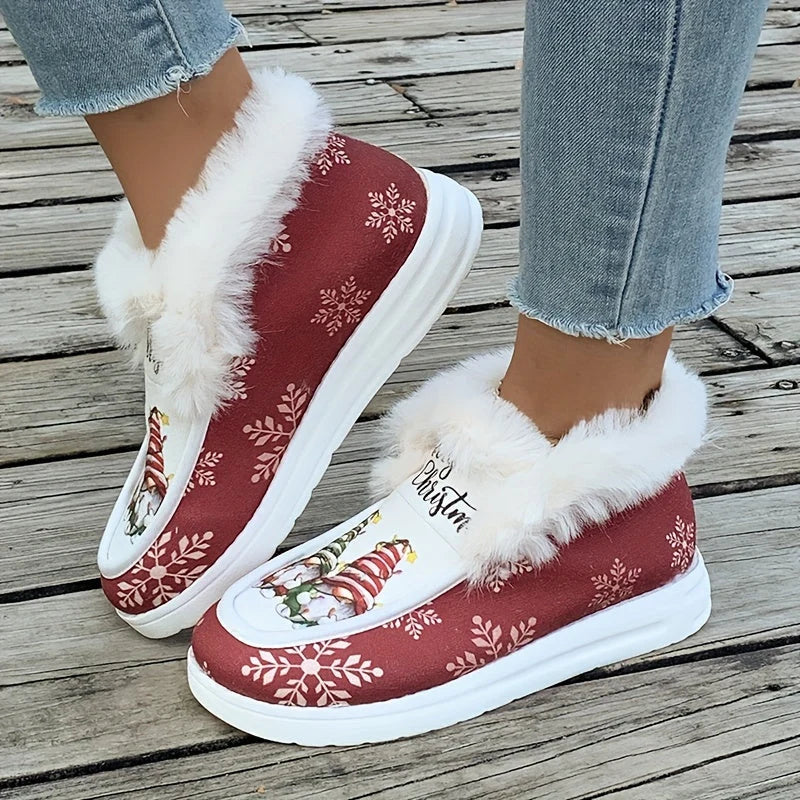 Botas de nieve para mujer con estampado de gnomo navideño y forro de pelo suave