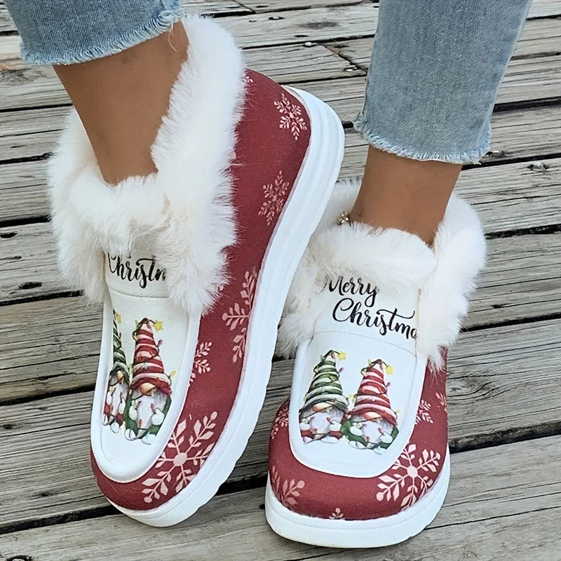 Botas de nieve para mujer con estampado de gnomo navideño y forro de pelo suave