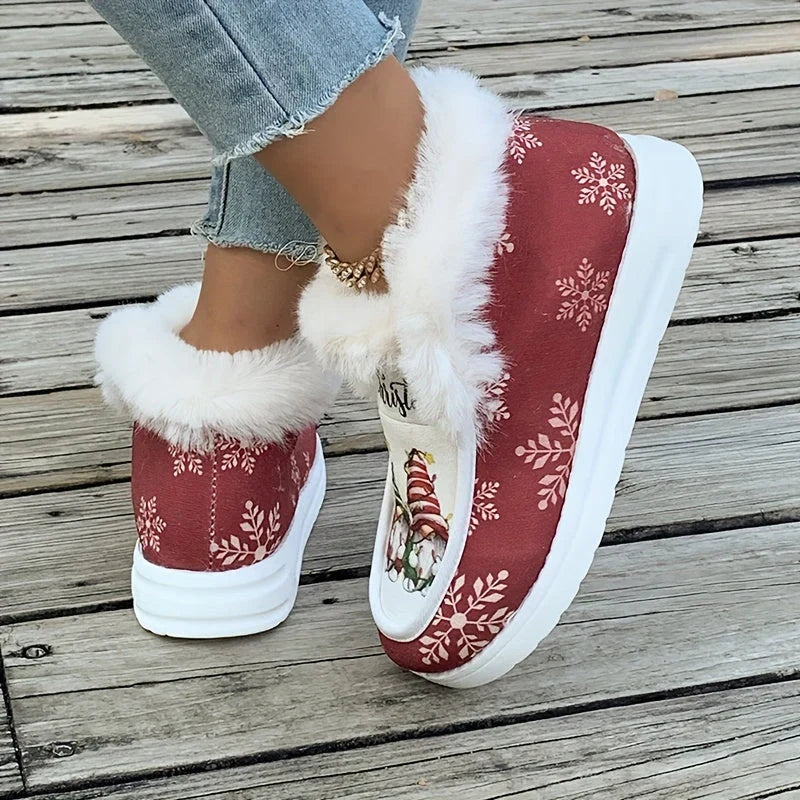 Botas de nieve para mujer con estampado de gnomo navideño y forro de pelo suave