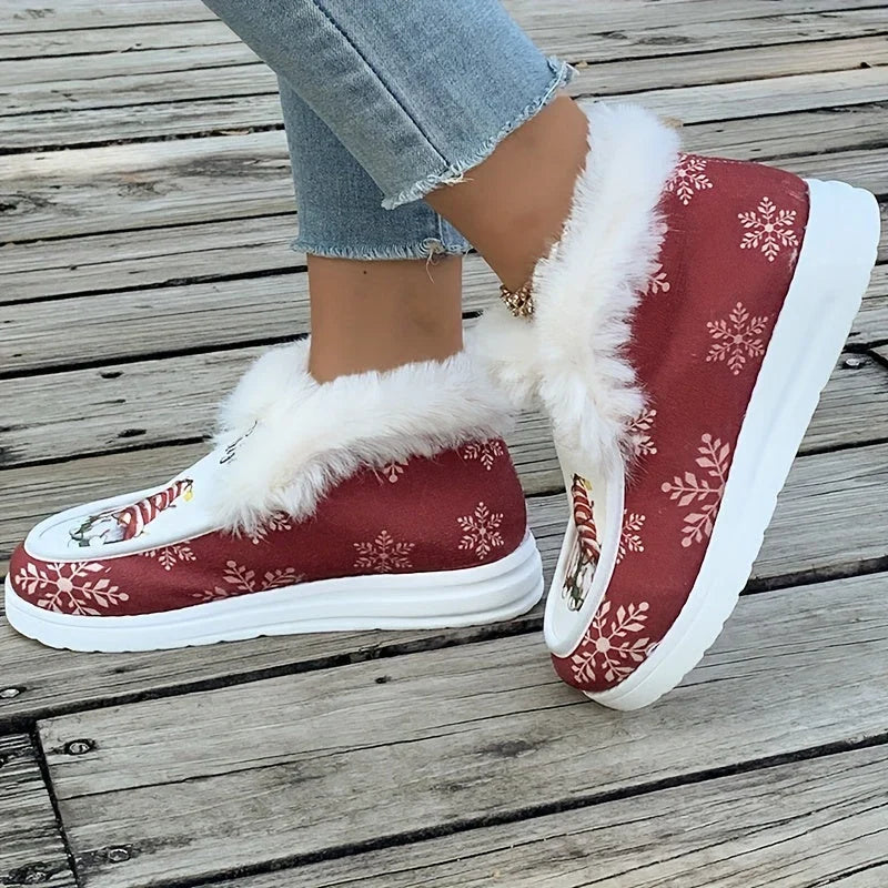 Botas de nieve para mujer con estampado de gnomo navideño y forro de pelo suave
