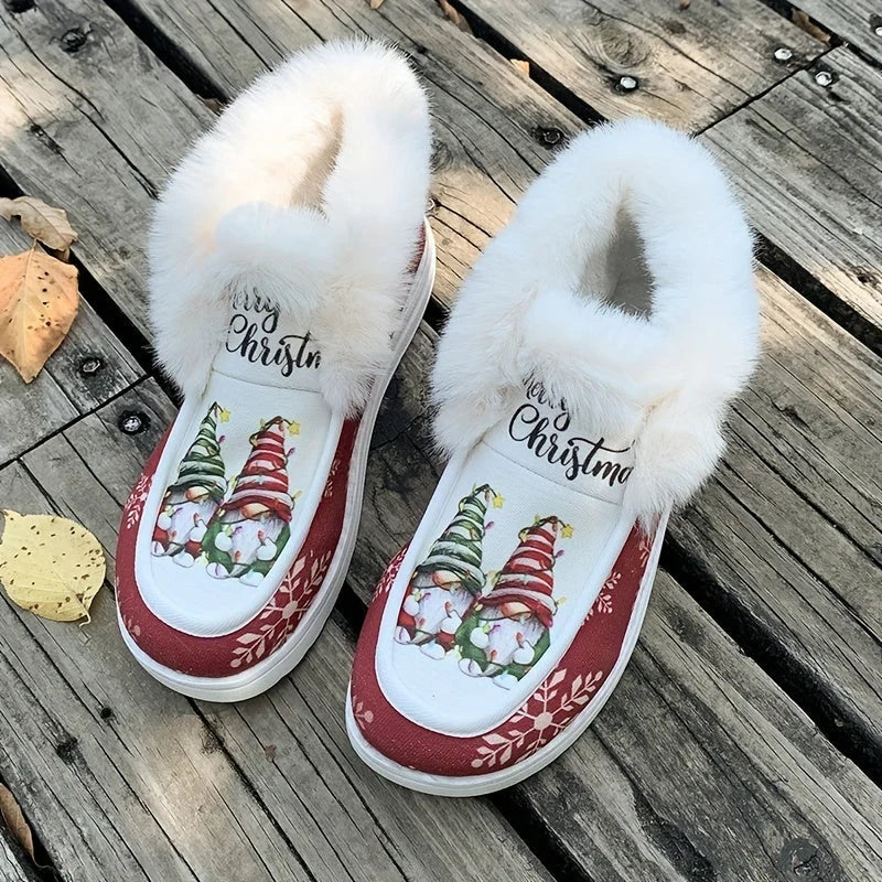 Botas de nieve para mujer con estampado de gnomo navideño y forro de pelo suave