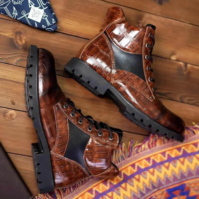 Botines para hombre con cordones y grabado con efecto piel de caimán