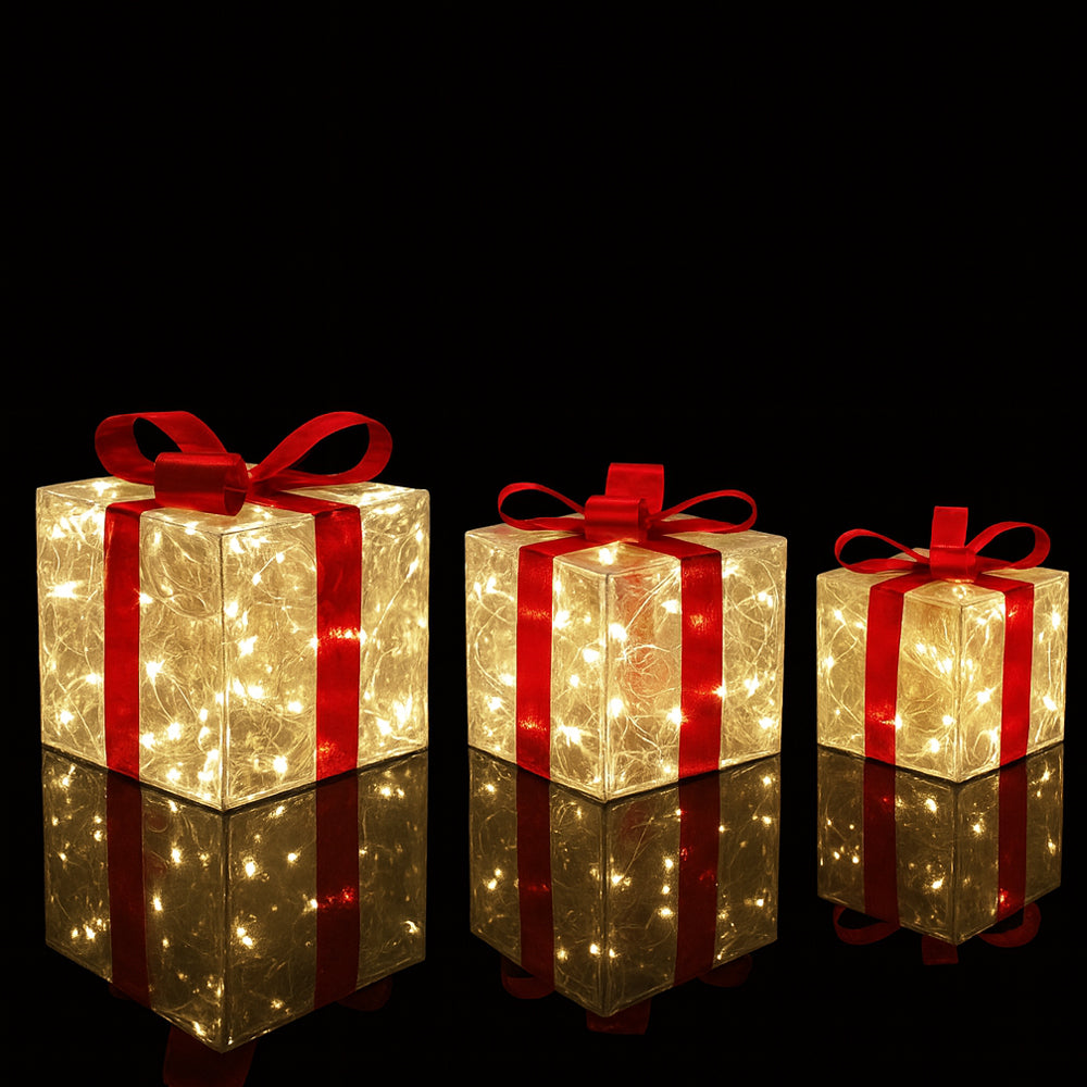 Cajas de regalo LED transparentes con lazos rojos - Set de 3 piezas