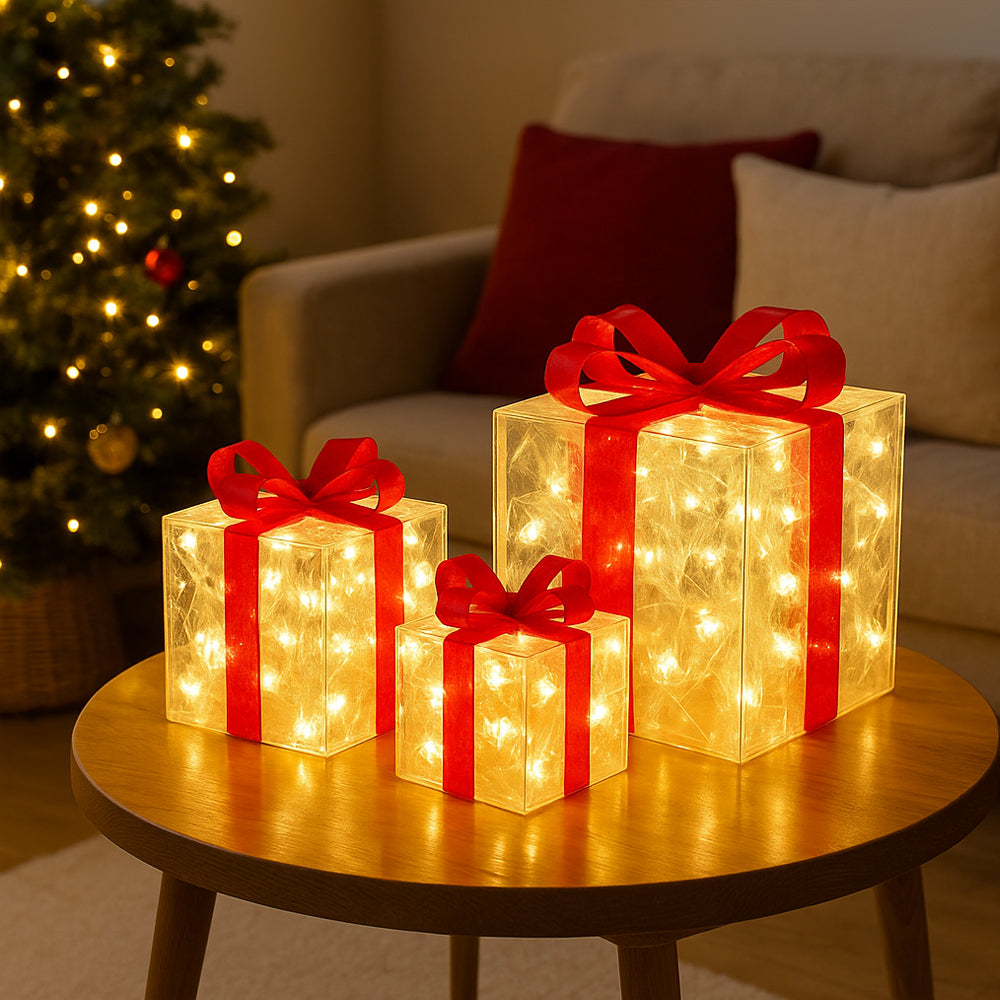Cajas de regalo LED transparentes con lazos rojos - Set de 3 piezas