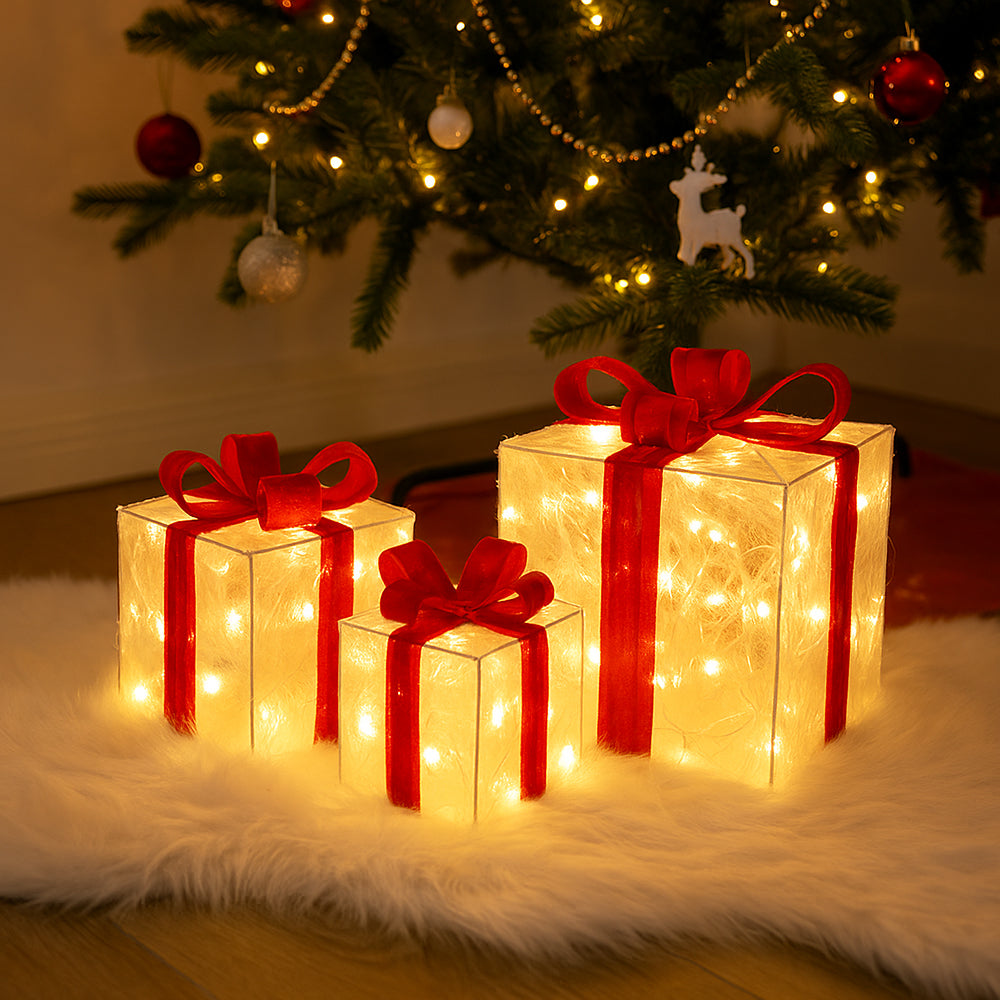 Cajas de regalo LED transparentes con lazos rojos - Set de 3 piezas