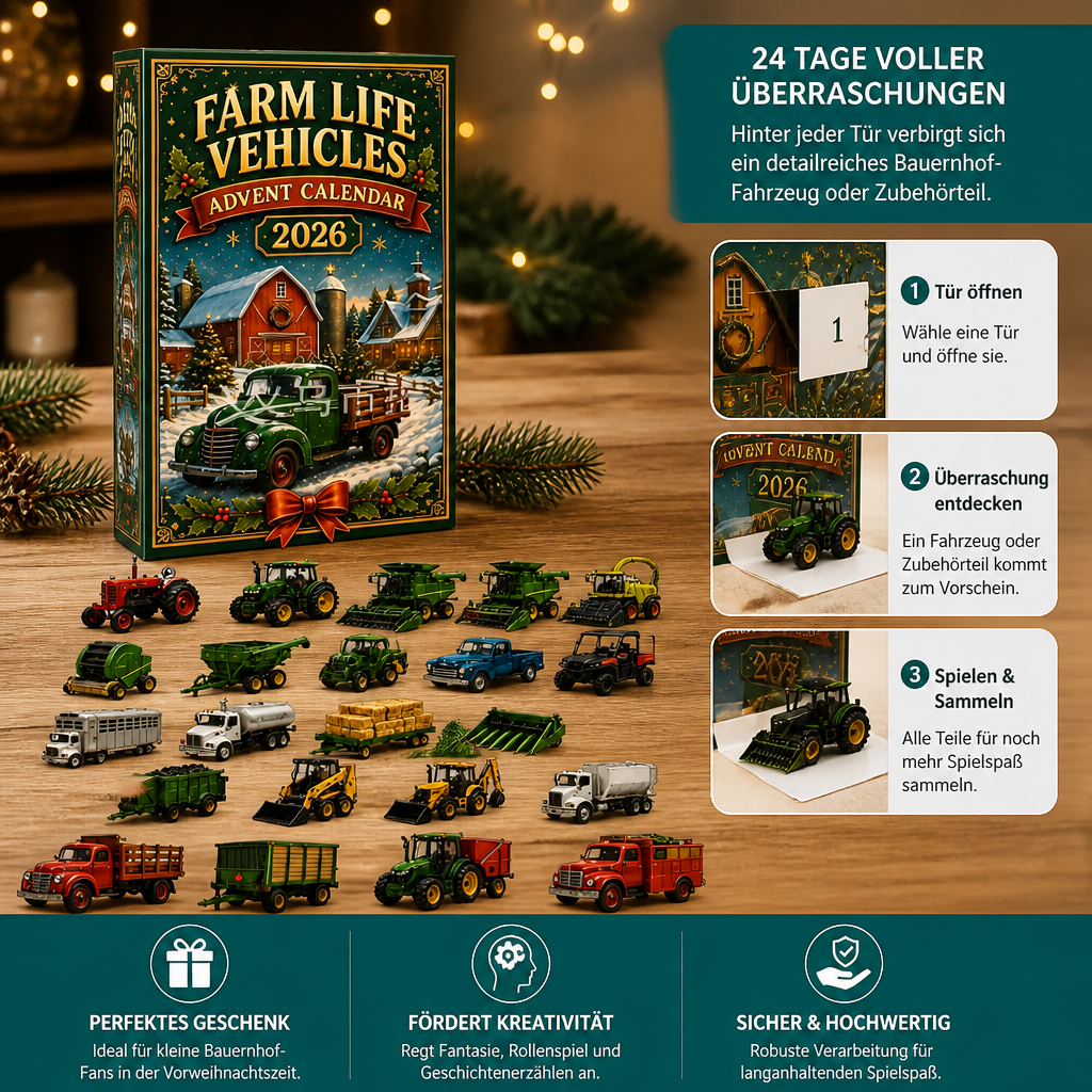 Calendario de Adviento 2026 de vehículos de granja – 24 días llenos de vehículos agrícolas