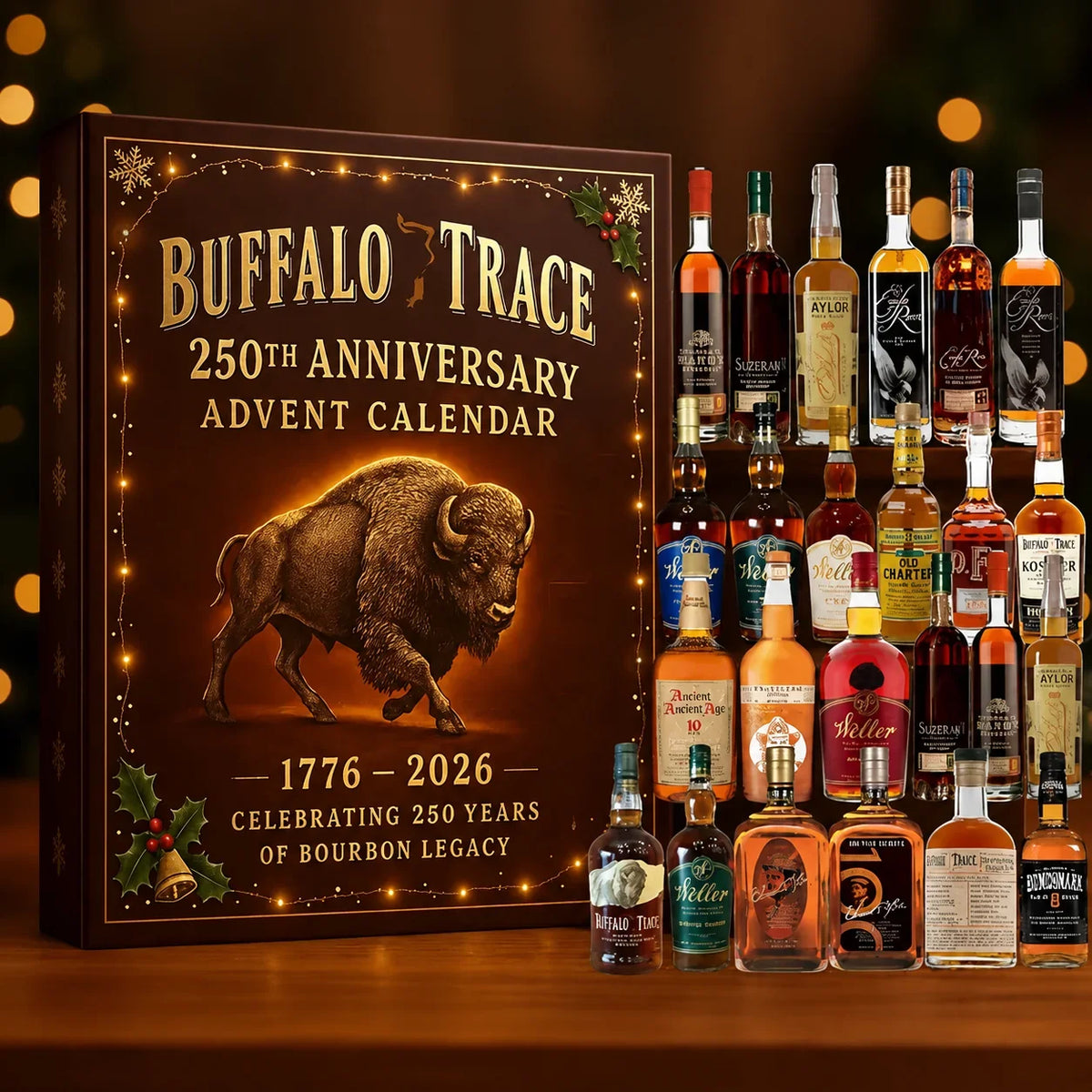 Calendario de adviento con miniadornos de botellas – Cuenta atrás de 24 días con temática de whisky bourbon