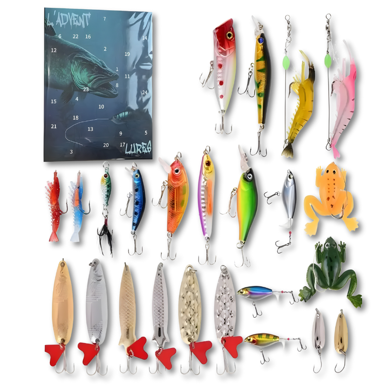 Calendario de Adviento de Pesca con 24 Señuelos | Cuenta Regresiva Navideña con Sorpresa Diaria | Metal y PP, Azul o Verde