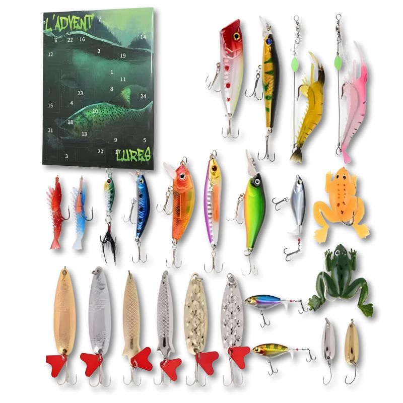 Calendario de Adviento de Pesca con 24 Señuelos | Cuenta Regresiva Navideña con Sorpresa Diaria | Metal y PP, Azul o Verde