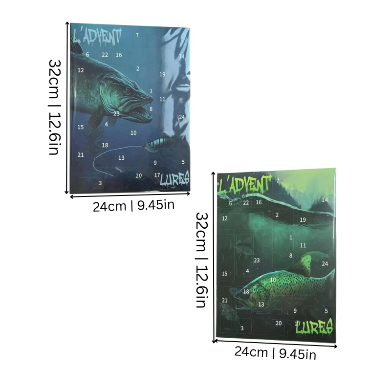 Calendario de Adviento de Pesca con 24 Señuelos | Cuenta Regresiva Navideña con Sorpresa Diaria | Metal y PP, Azul o Verde