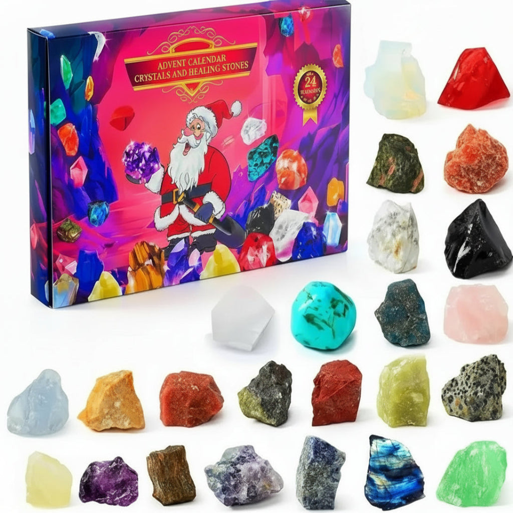 Calendario de Adviento de piedras — 24 gemas naturales y compartimentos de apertura diaria