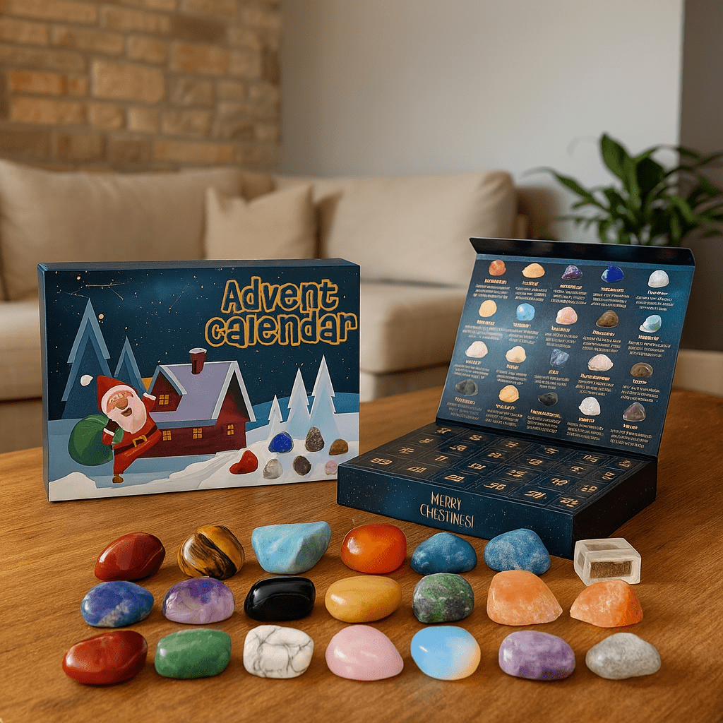 Calendario de Adviento de piedras — 24 gemas naturales y compartimentos de apertura diaria