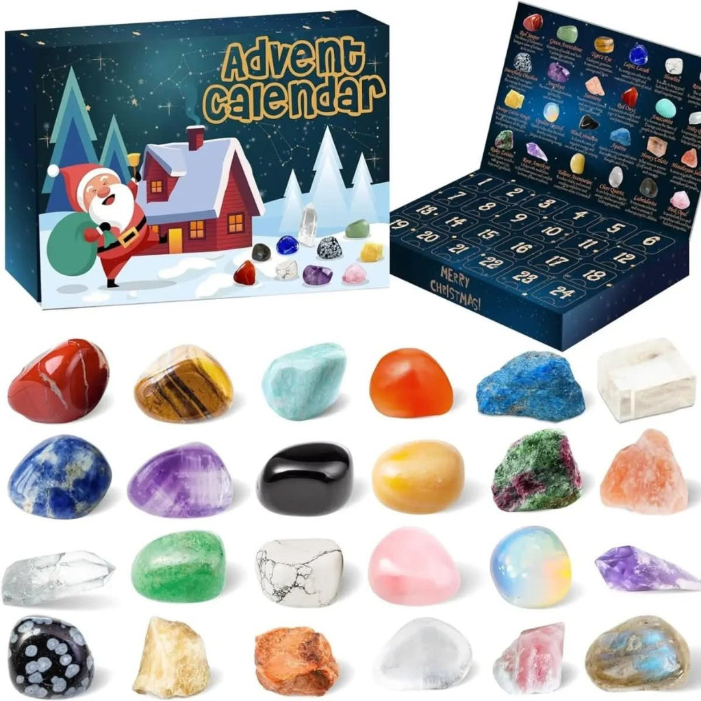 Calendario de Adviento de piedras — 24 gemas naturales y compartimentos de apertura diaria