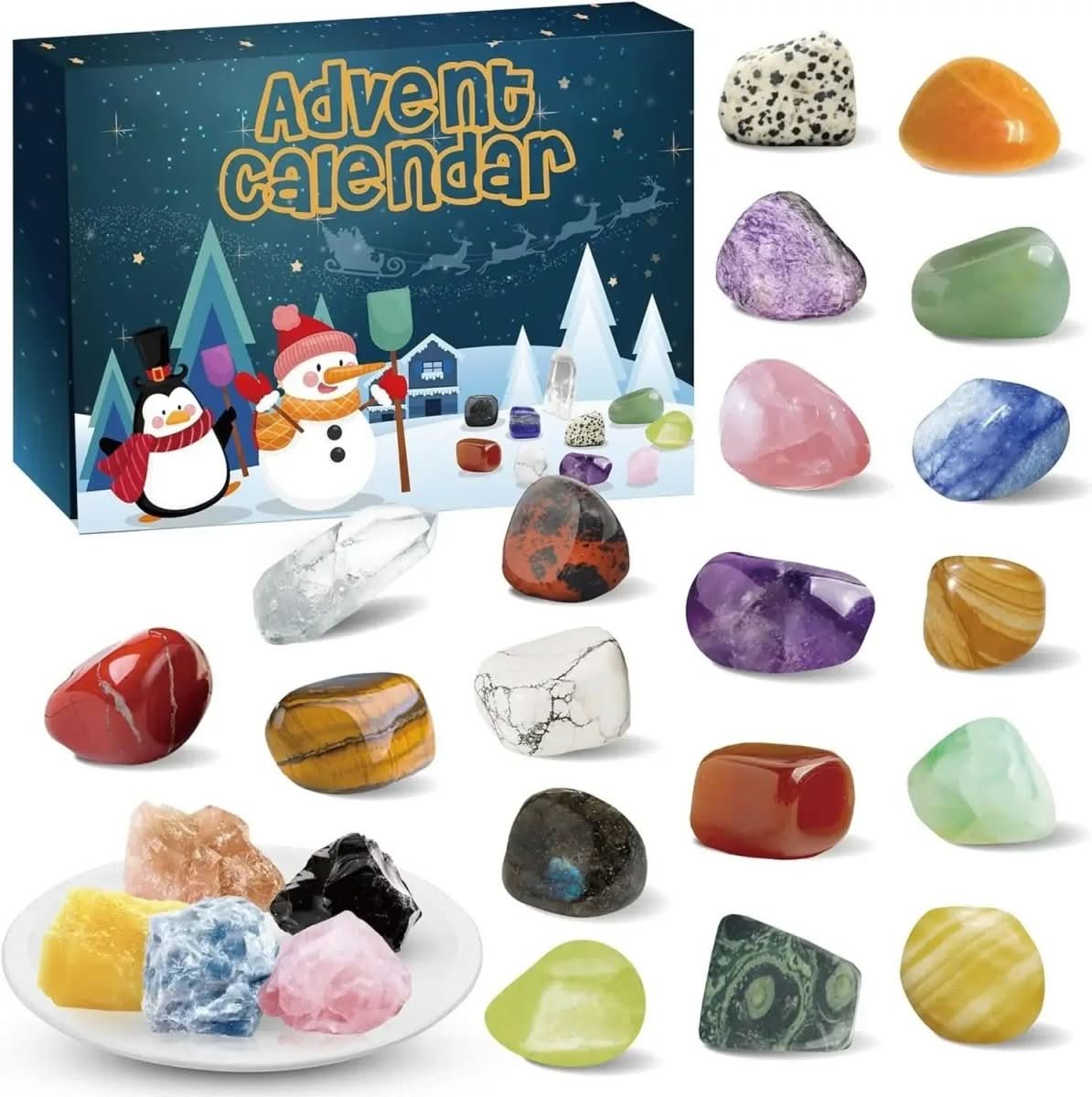 Calendario de Adviento de piedras — 24 gemas naturales y compartimentos de apertura diaria