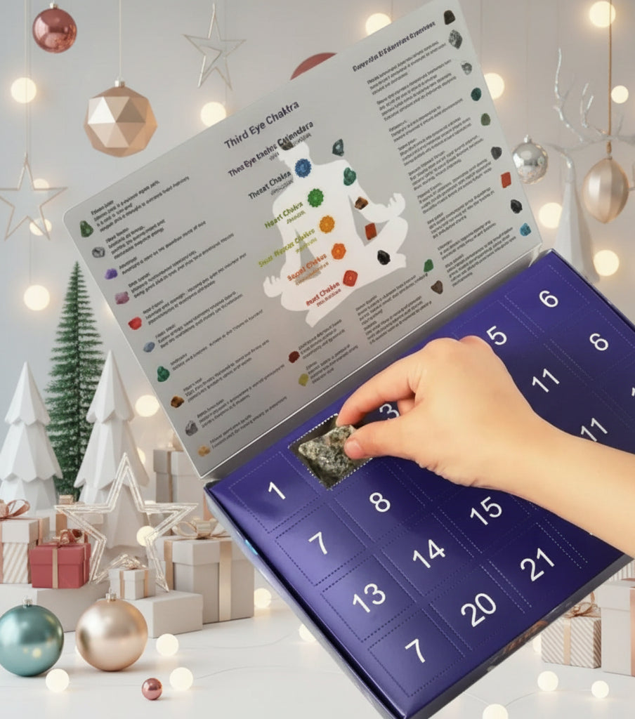 Calendario de Adviento de piedras — 24 gemas naturales y compartimentos de apertura diaria
