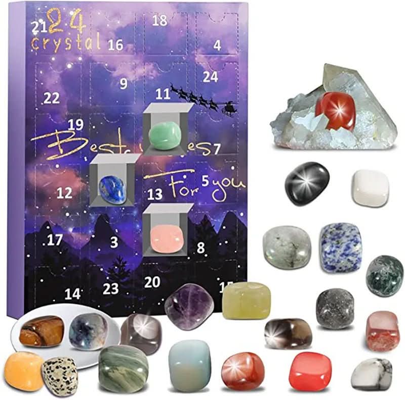 Calendario de Adviento de piedras — 24 gemas naturales y compartimentos de apertura diaria