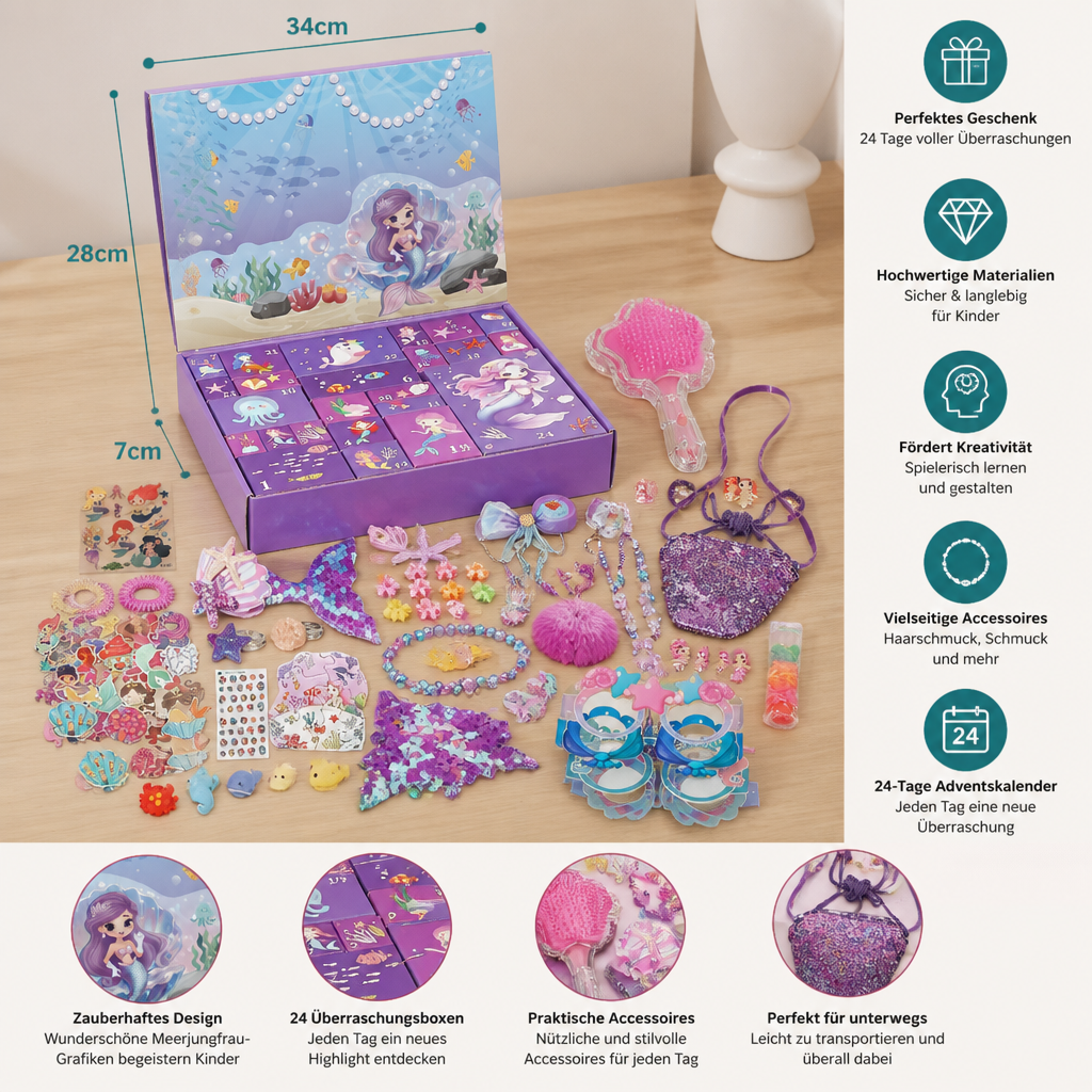 Calendario de adviento de sirena – 24 días con accesorios para el pelo y sorpresas