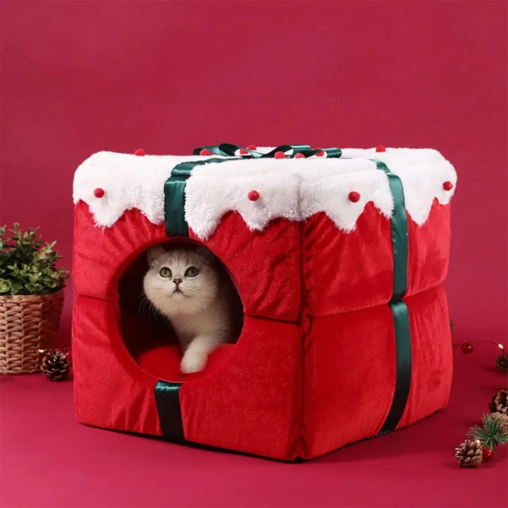 Cama cueva 2 en 1 para mascotas con diseño navideño y base antideslizante