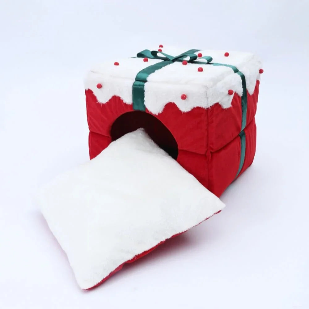 Cama cueva 2 en 1 para mascotas con diseño navideño y base antideslizante