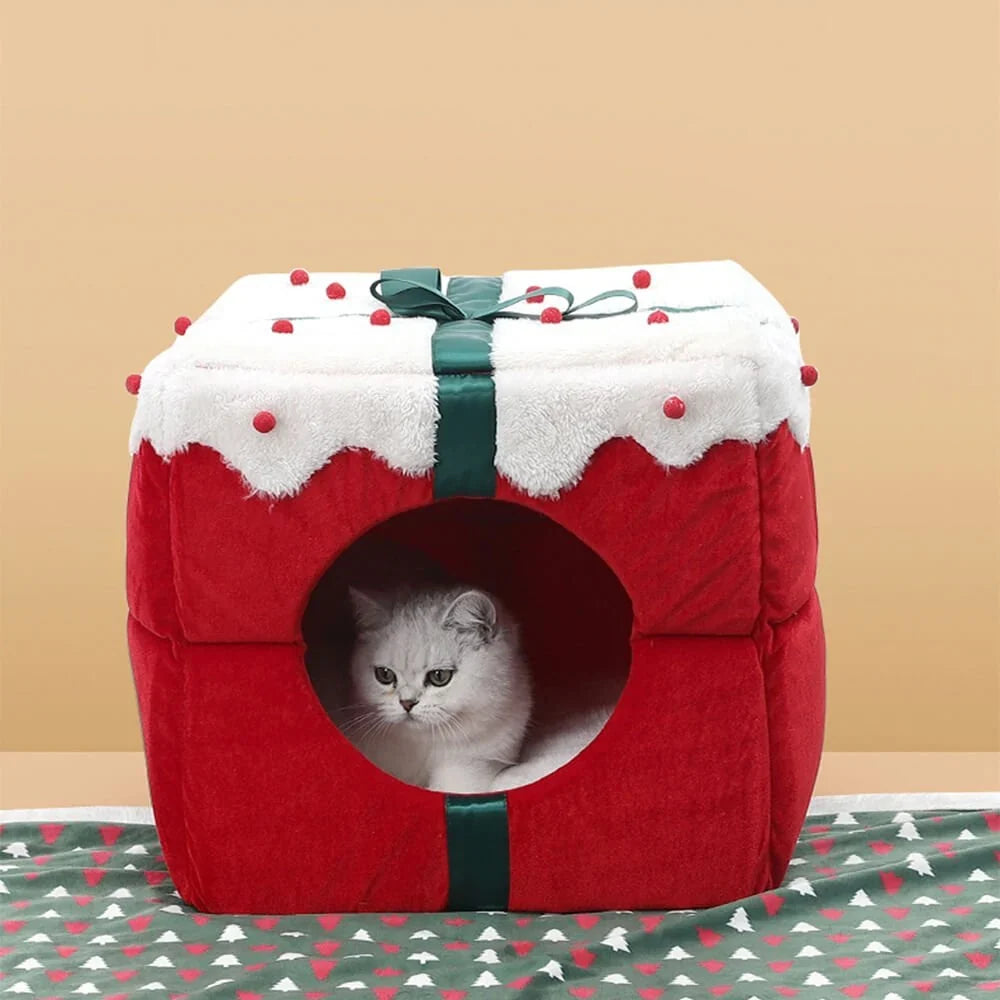 Cama cueva 2 en 1 para mascotas con diseño navideño y base antideslizante