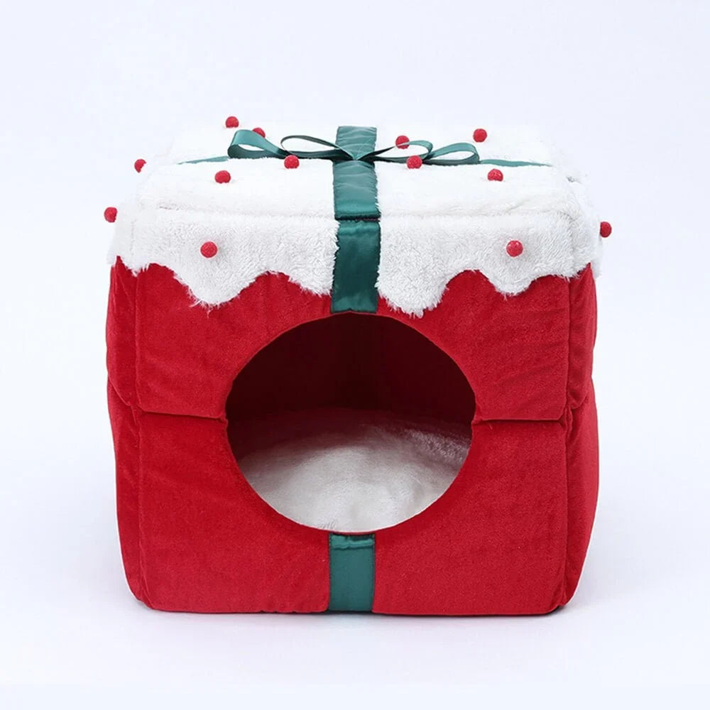 Cama cueva 2 en 1 para mascotas con diseño navideño y base antideslizante