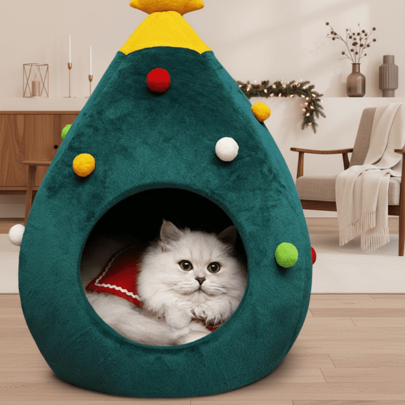 Cama para gatos con forma de árbol de Navidad — Cueva felina acolchada de felpa