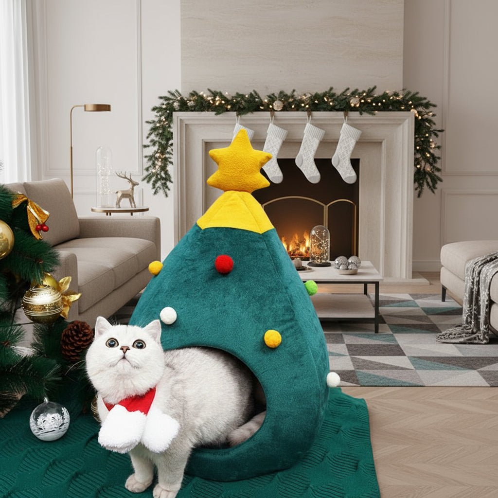 Cama para gatos con forma de árbol de Navidad — Cueva felina acolchada de felpa