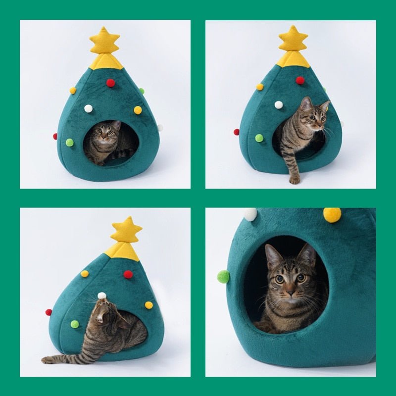 Cama para gatos con forma de árbol de Navidad — Cueva felina acolchada de felpa