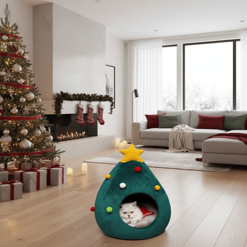 Cama para gatos con forma de árbol de Navidad — Cueva felina acolchada de felpa