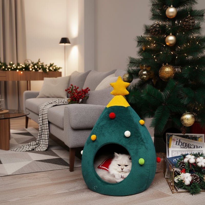 Cama para gatos con forma de árbol de Navidad — Cueva felina acolchada de felpa