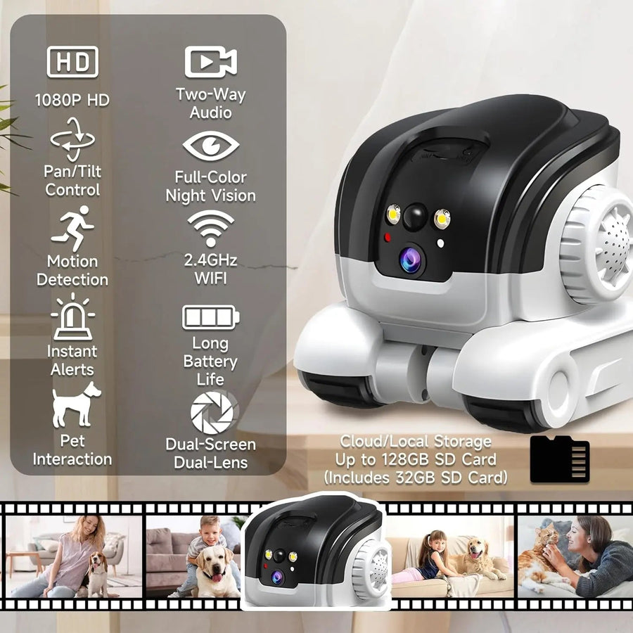 Cámara para mascotas 1080P – Audio bidireccional – Visión nocturna en color de hasta 10 m – Alerta de movimiento – Tarjeta SD de 32 GB